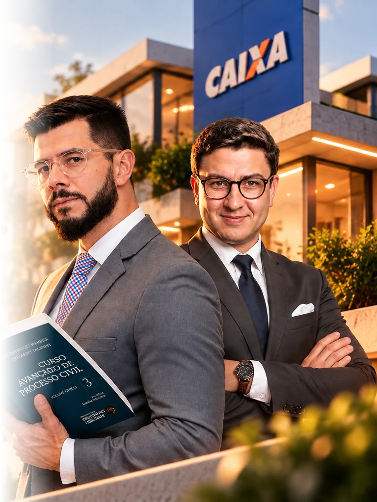 Matheus Cardoso e Ramon Marçal em frente a uma agência da Caixa Econômica Federal.